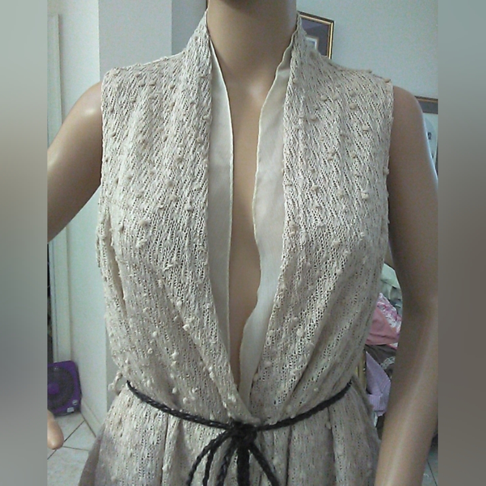 BlBNWT PERCH BEIGE VEST-LIKE BLOUSE BY BLU PEPPER SZ. XL KNIT/ SHEER W/ BELT - Picture 5 of 11